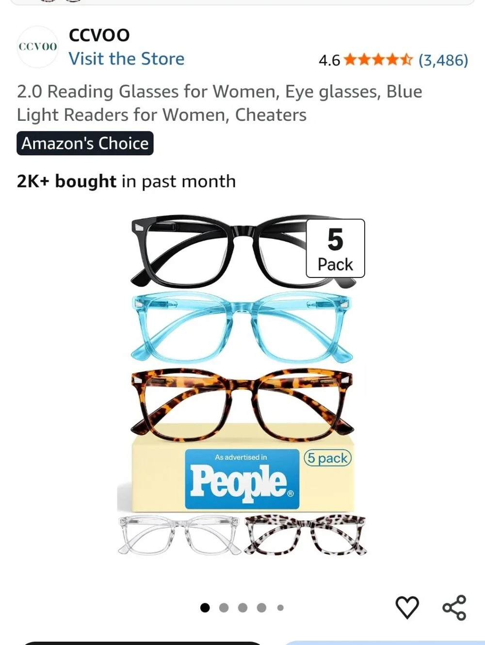 Women's 5-Pack Reading Glasses2.0 - Black, Blue, Tortoiseshell, Clear, Leopard